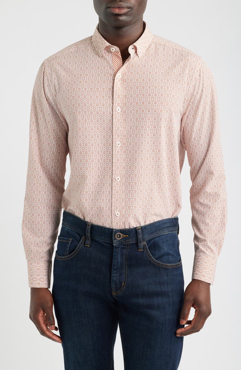 Johnston & Murphy XC+<sup>™</sup> Football Print Performance Button-Down Shirt, Main, color, Rust