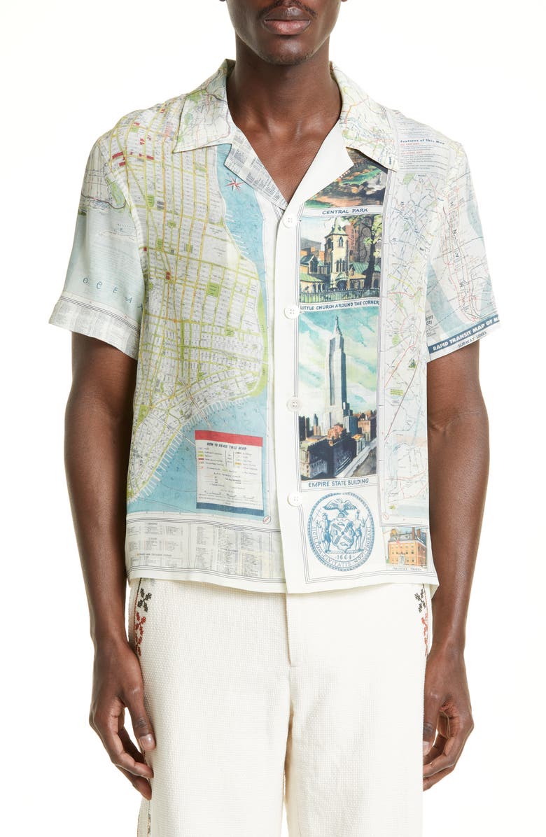 Bode New York City Map Short Sleeve Silk Button-Up Shirt, Main, color,