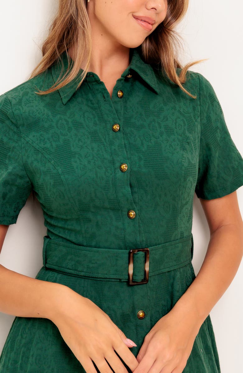 Floral Jacquard Short Sleeve Cotton Midi Shirtdress