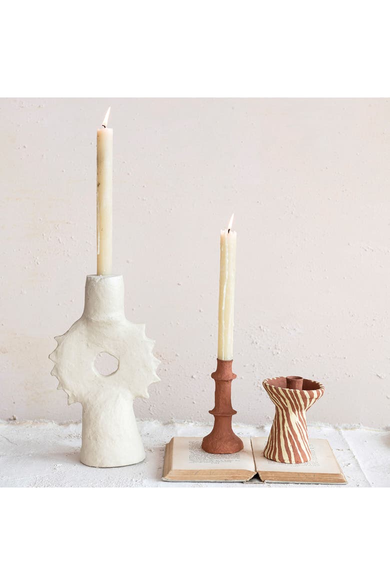 Handmade Paper Mache Spiked Taper Candle Holder, Natural, Alternate, color, Cream