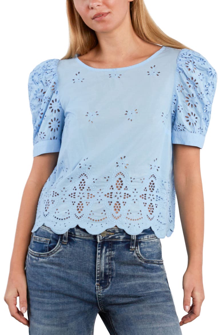 Halo Eyelet Puff Sleeve Cotton Blend Top, Alternate, color, CERULEAN BLUE