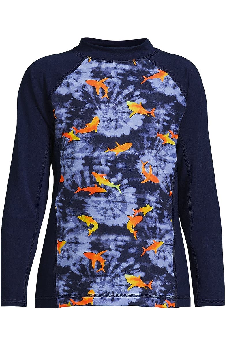 Lands' End Boys Long Sleeve UPF 50 Sun Protection Rash Guard, Alternate, color, Deep Sea Navy Tie Dye Sharks