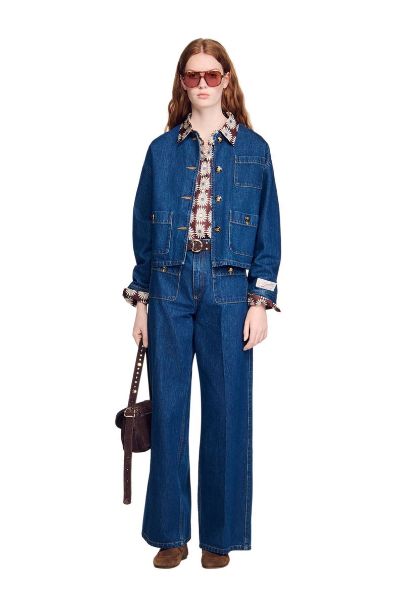 SANDRO Statement button denim jacket, Alternate, color, Deep Blue