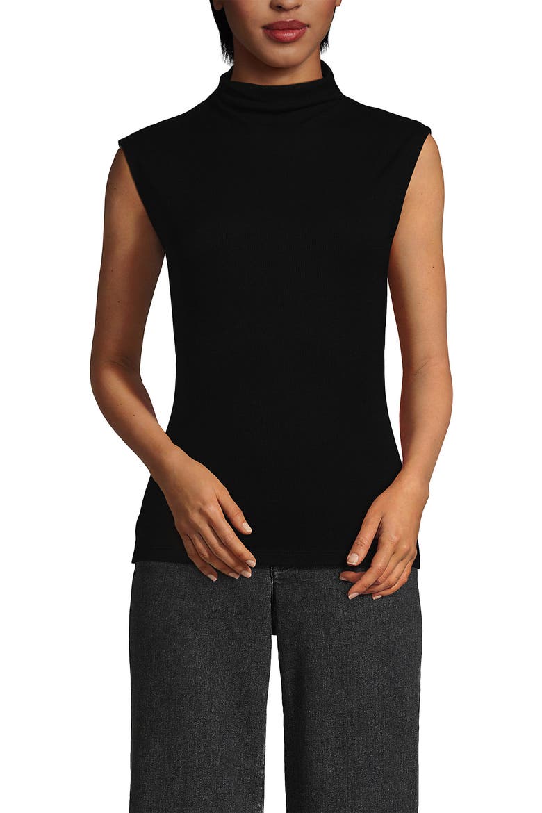 Cap Sleeve Drapey Rib Fitted Funnel Neck Tank, Main, color, Black