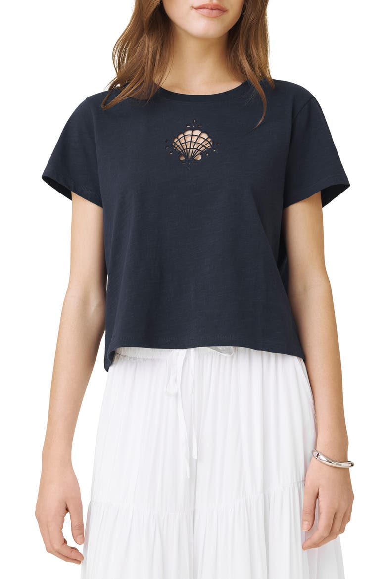 Embroidered Cutwork Seashell Cotton T-Shirt, Main, color, NAVY BLUE