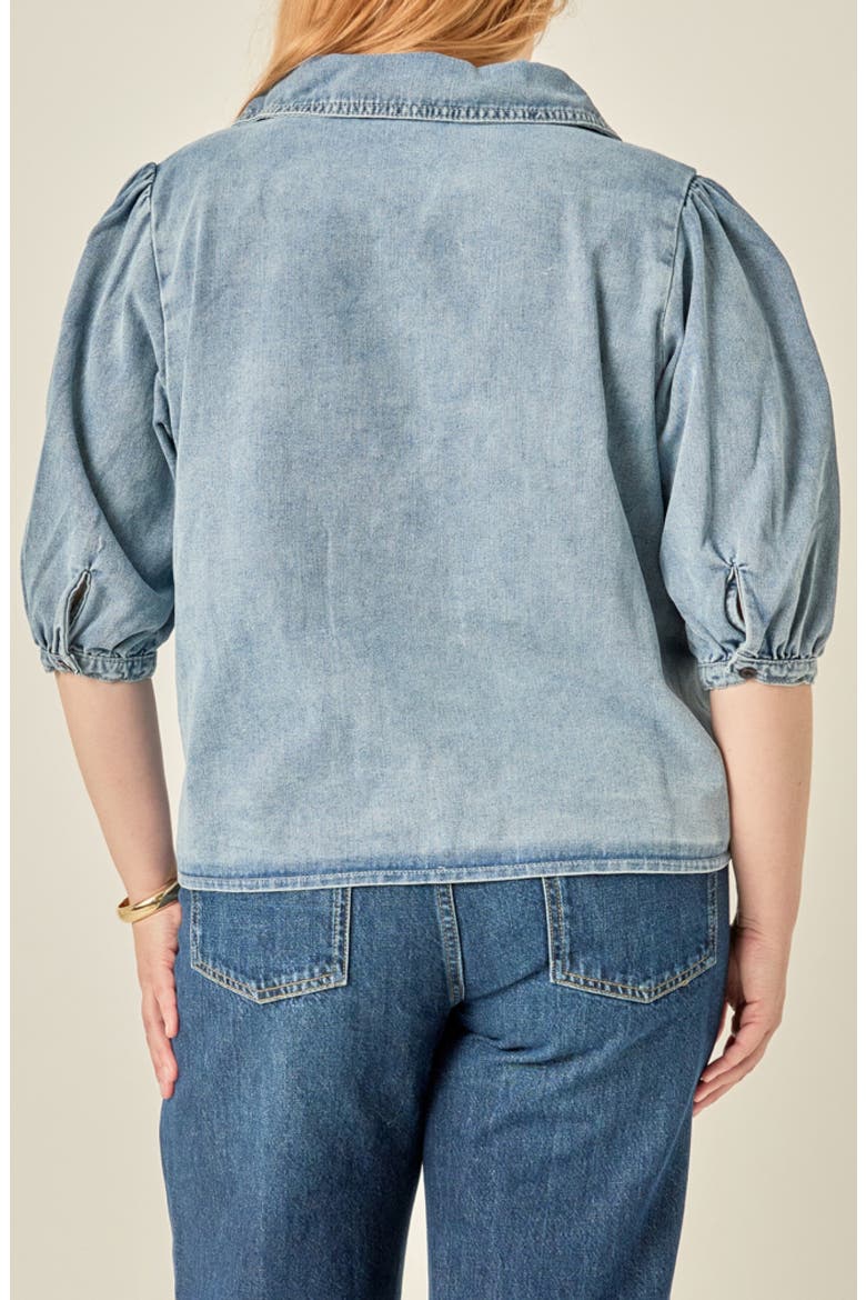 Puff Shoulder Denim Shirt, Alternate, color, BLUE