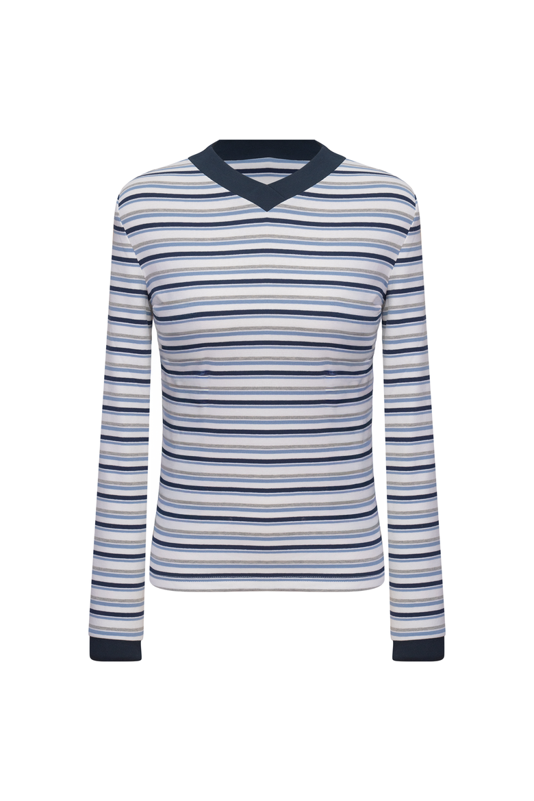 Striped Overlap V-Neck Contrast Cuff Top, Main, color, Light Denim