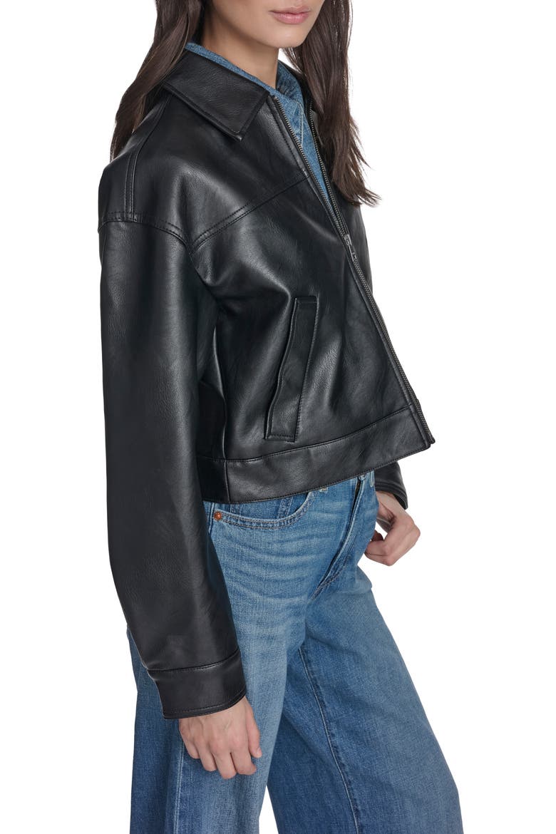 Boxy Faux Leather Bomber Jacket, Alternate, color, BLACK