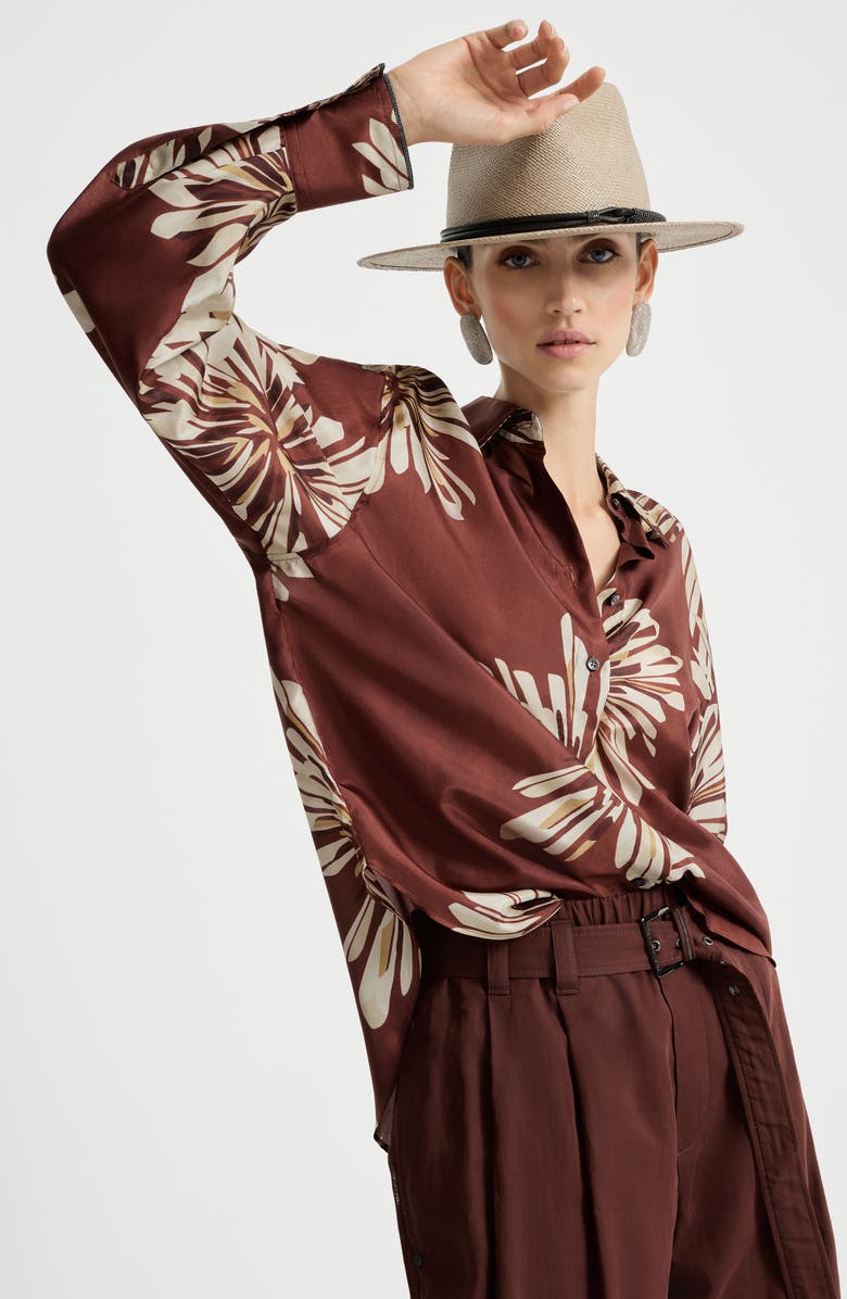 Brunello Cucinelli Bloom print pongee shirt, Alternate, color, Bordeaux