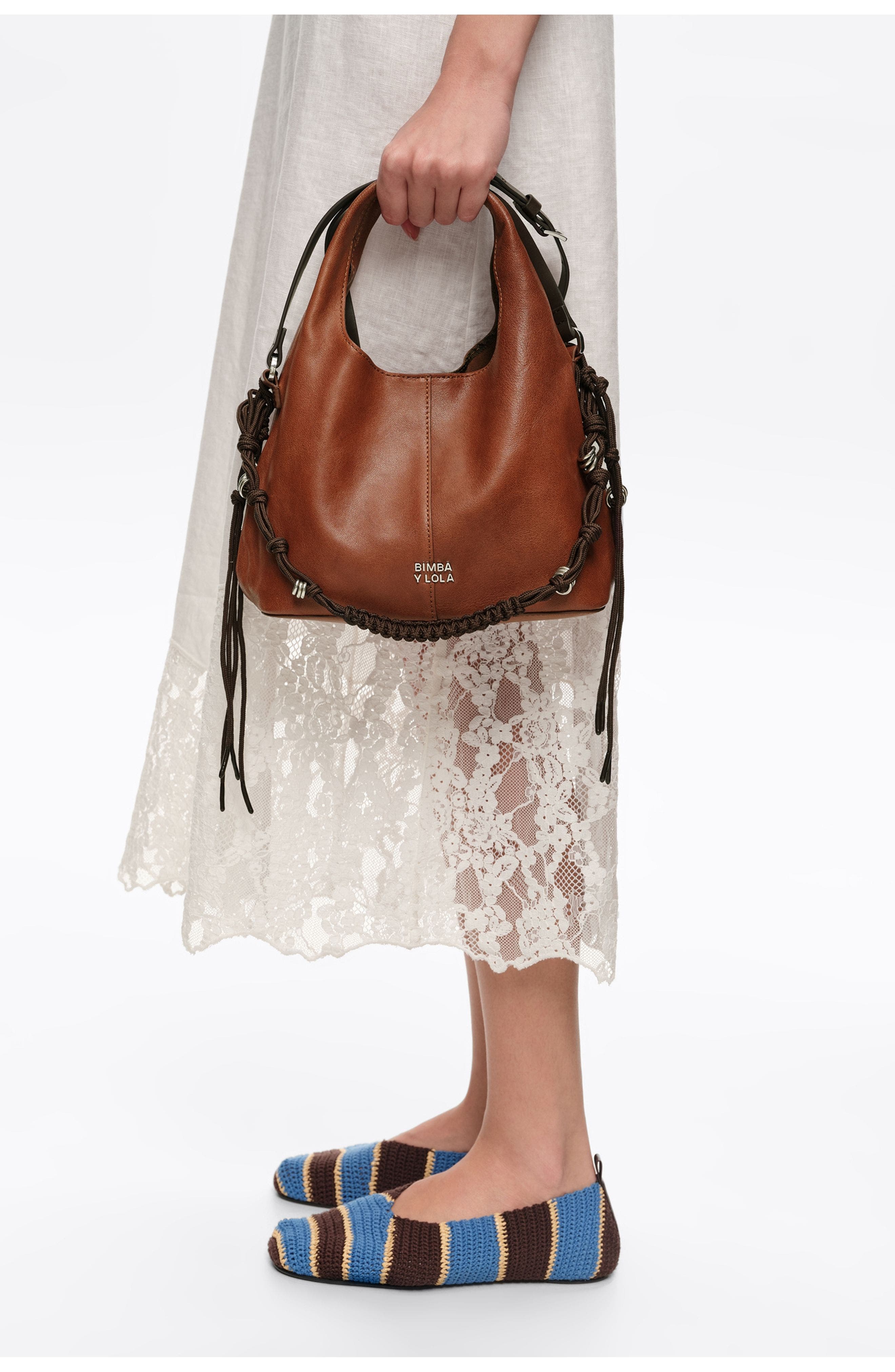 Leather Plaited Handle Paper Bag, Alternate, color, DARK TAN