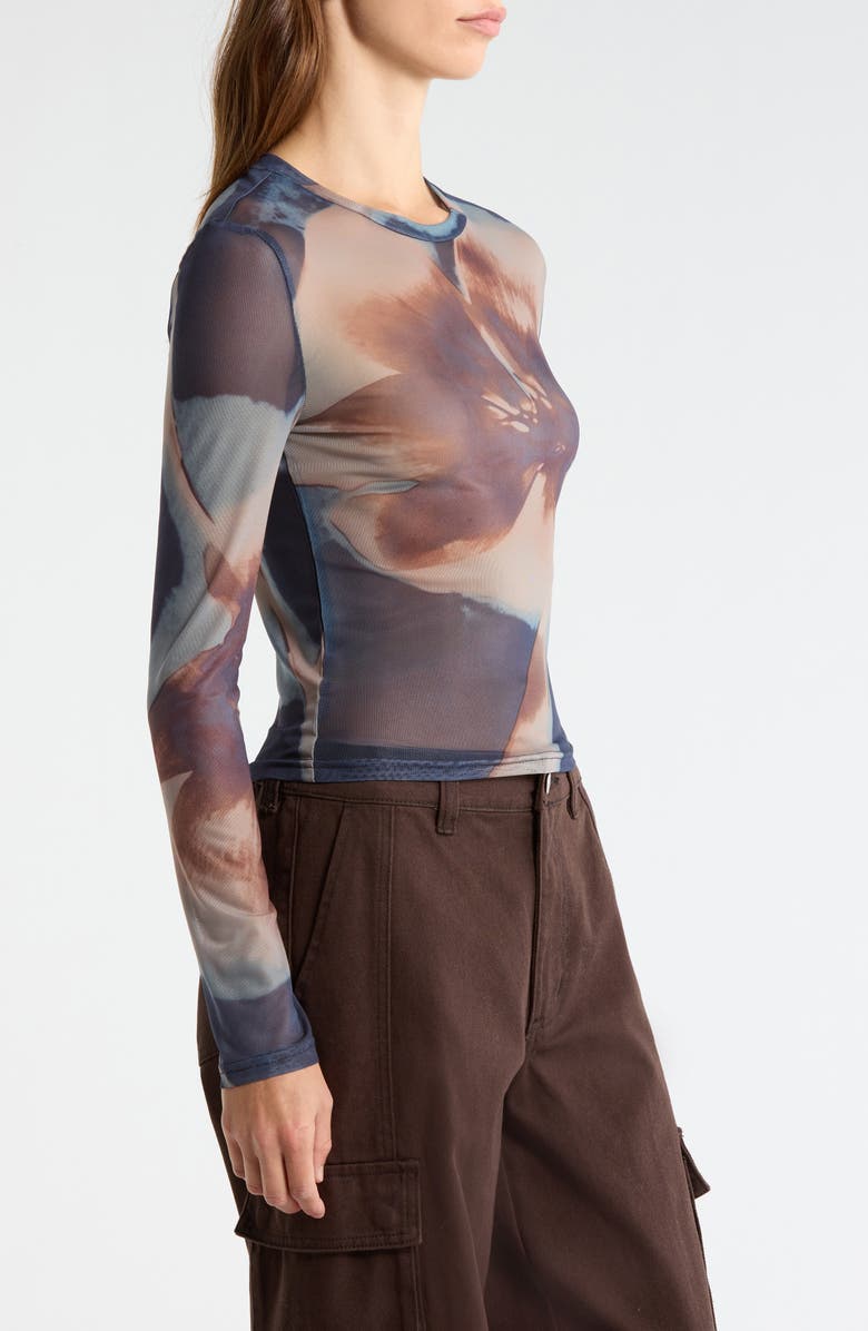 PacSun Orchid Print Long Sleeve Mesh T-Shirt, Alternate, color, Blue/ Brown Multi