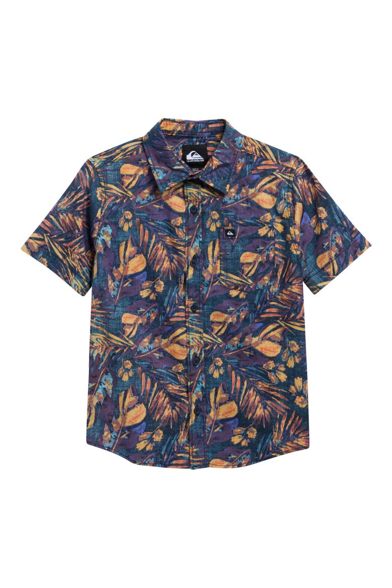 Kids' Heatmap Palm Classic Short Sleeve Cotton Button-Up Shirt, Main, color, ECLIPSE