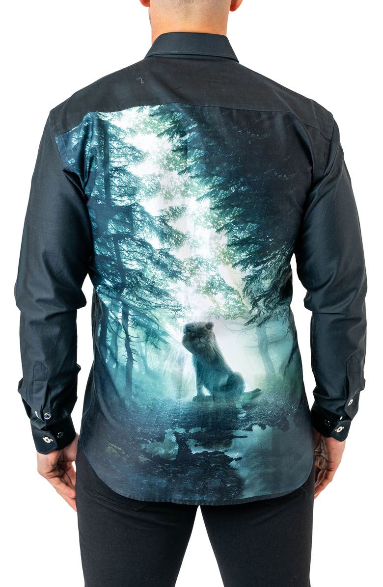 Maceoo Fibonacci Lionforest 17 Black Contemporary Fit Button-Up Shirt, Alternate, color, Black