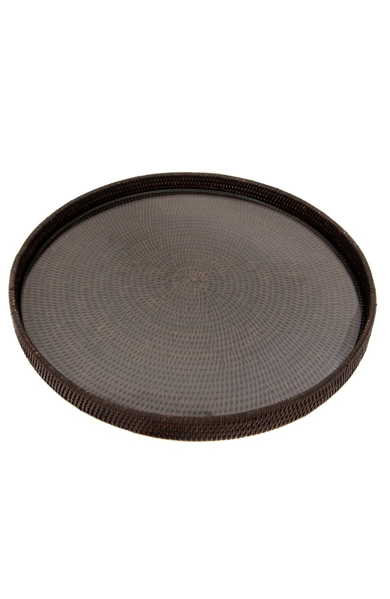 Artifacts Trading Company<sup>™</sup> Artifacts Rattan Round Serving-Ottoman Tray with Glass Insert, Main, color, Tudor Black