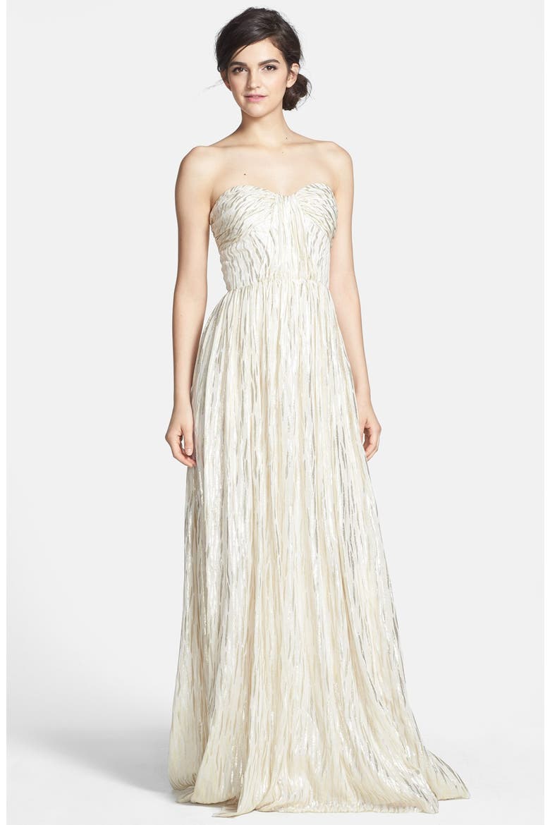 'Coralie' Foiled Silk Chiffon Gown, Main, color, IVORY