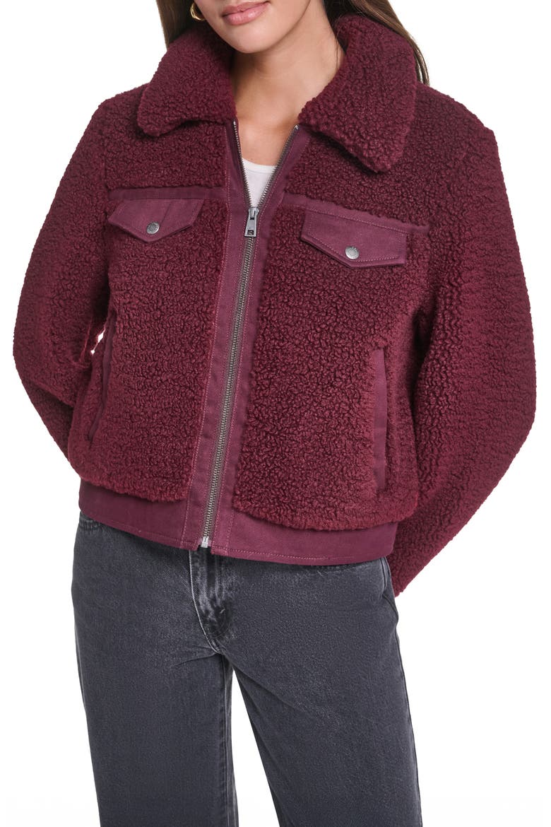 Fleece & Denim Bomber Jacket, Main, color, OXBLOOD