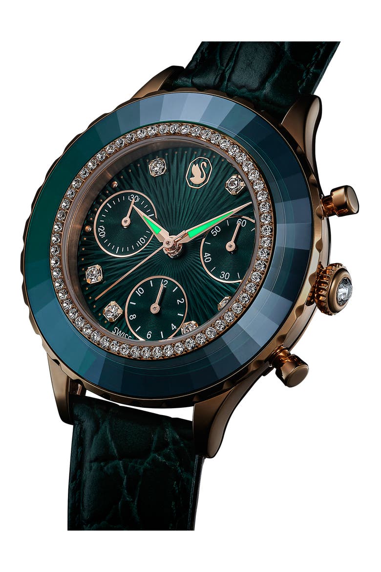 Octea Chronograph Leather Strap Watch, 37mm, Alternate, color, GREEN