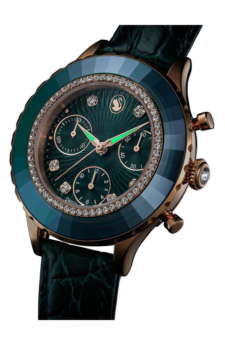 Swarovski Octea Chronograph Leather Strap Watch, 37mm, Alternate, color, Green