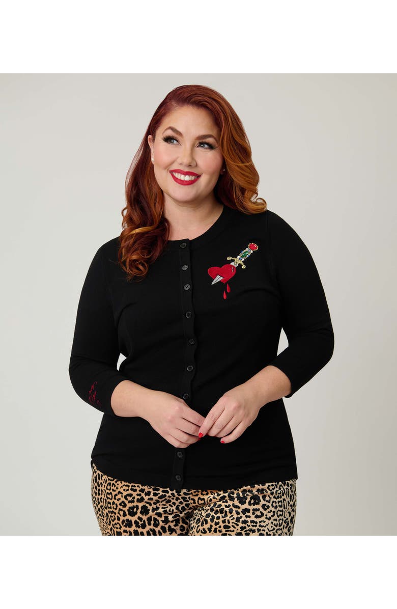Unique Vintage Plus Size Bookworm Cardigan, Main, color, Black W/ Dagger