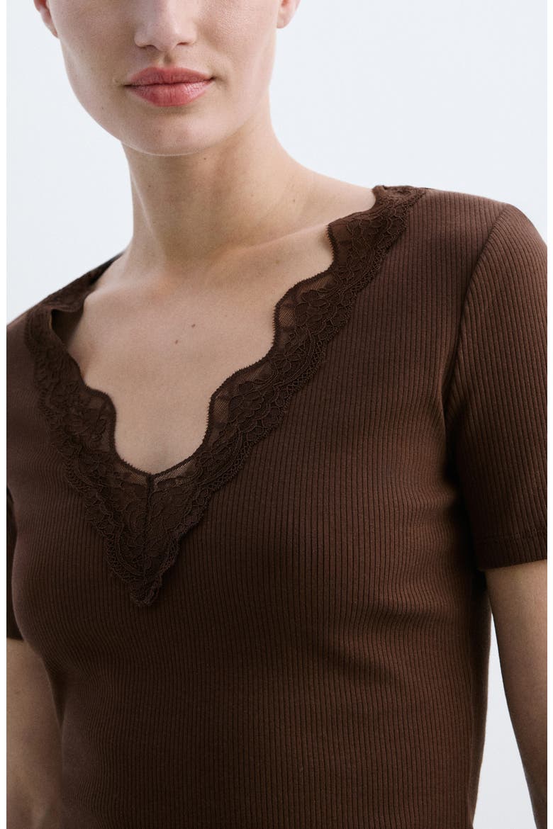 Lace Trim Rib Knit Crop Top, Alternate, color, BROWN