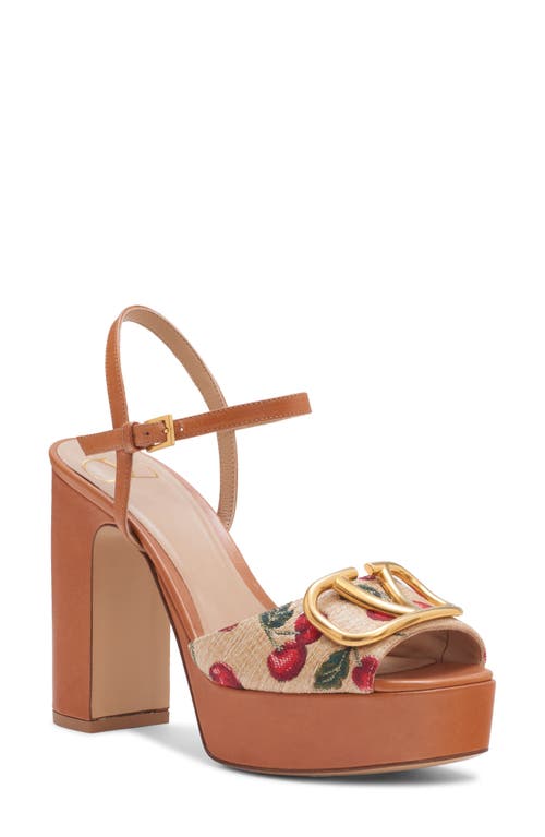 Valentino Cherry-embroidered Raffia Platform Sandals In Brown