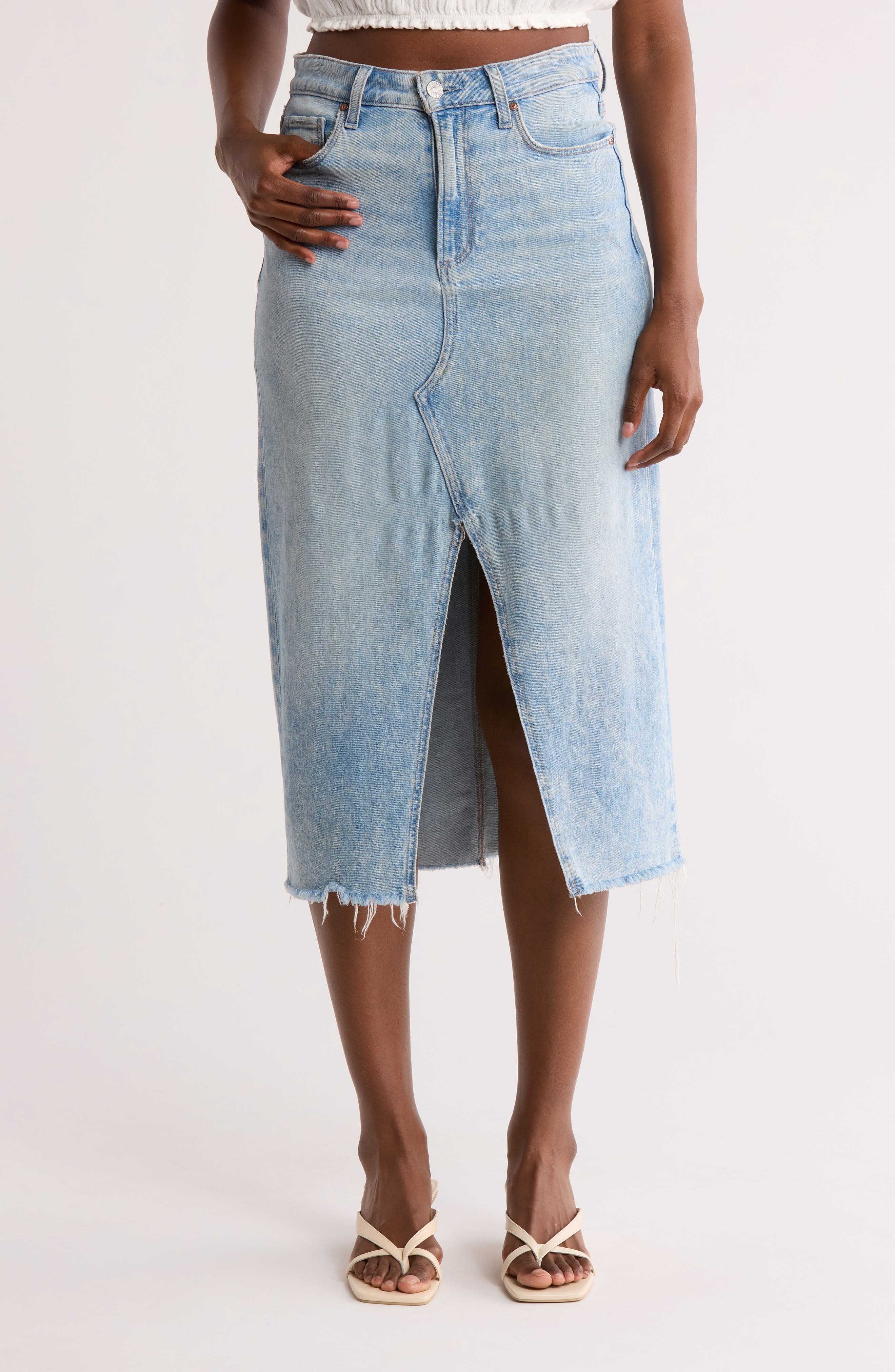 PAIGE Meadow Front Slit Denim Midi Skirt