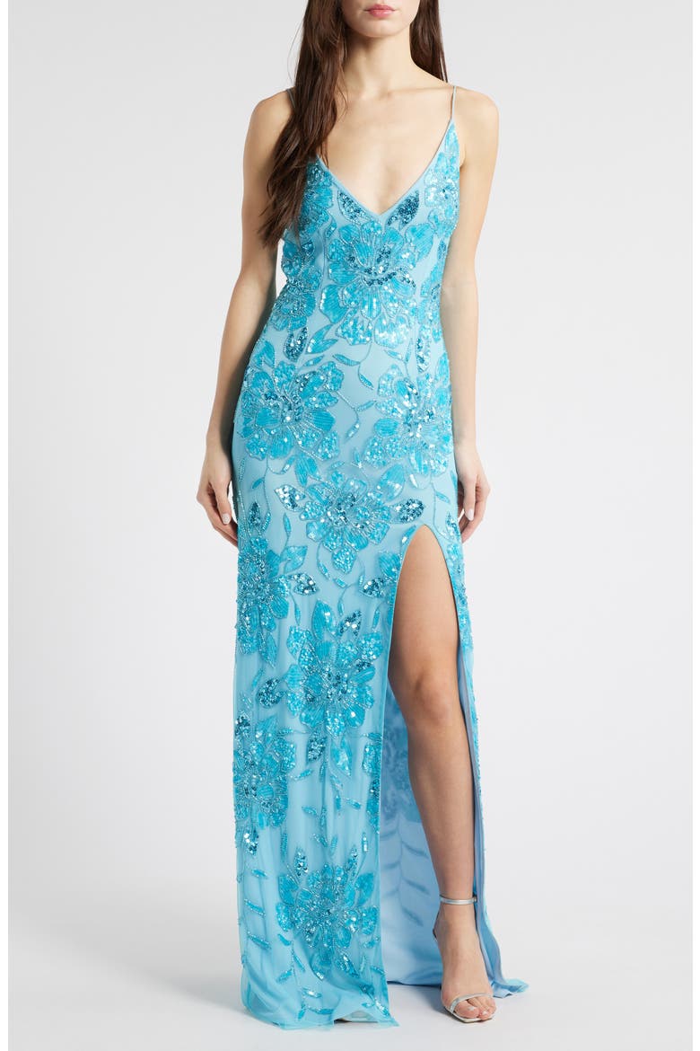 Beaded Sequin Sleeveless Gown, Main, color, TURQUOISE