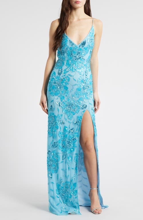 Jump Apparel Beaded Sequin Sleeveless Gown In Turquoise