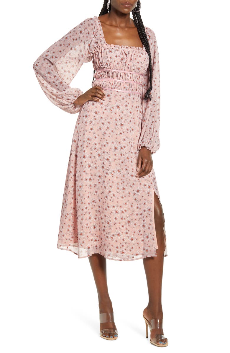 WAYF x Influencing in Color Liza Smocked Long Sleeve Midi Dress, Main, color, 