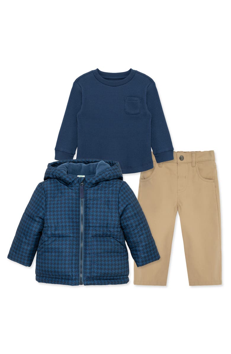 Little Me Houndstooth Hooded Puffer Jacket, Shirt & Pants Set, Main, color, Blue