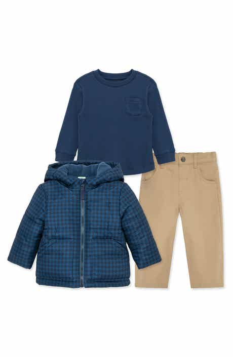 Little Me Houndstooth Hooded Puffer Jacket, Shirt & Pants Set