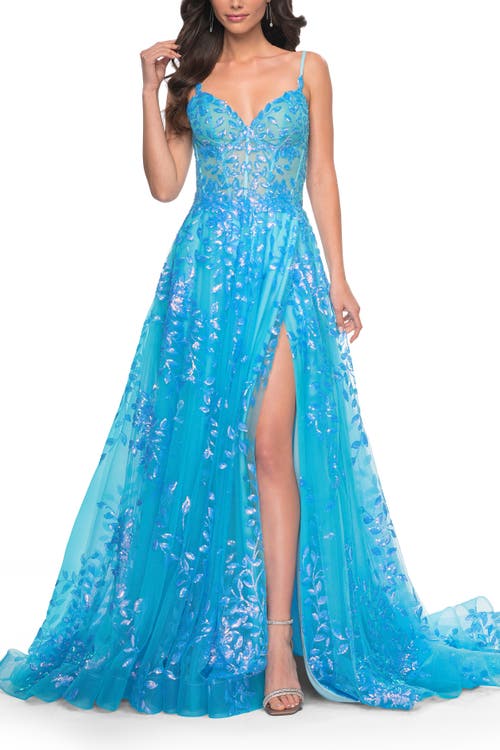 La Femme Sequin Lace Print Tulle A-line Prom Dress With Illusion Bodice