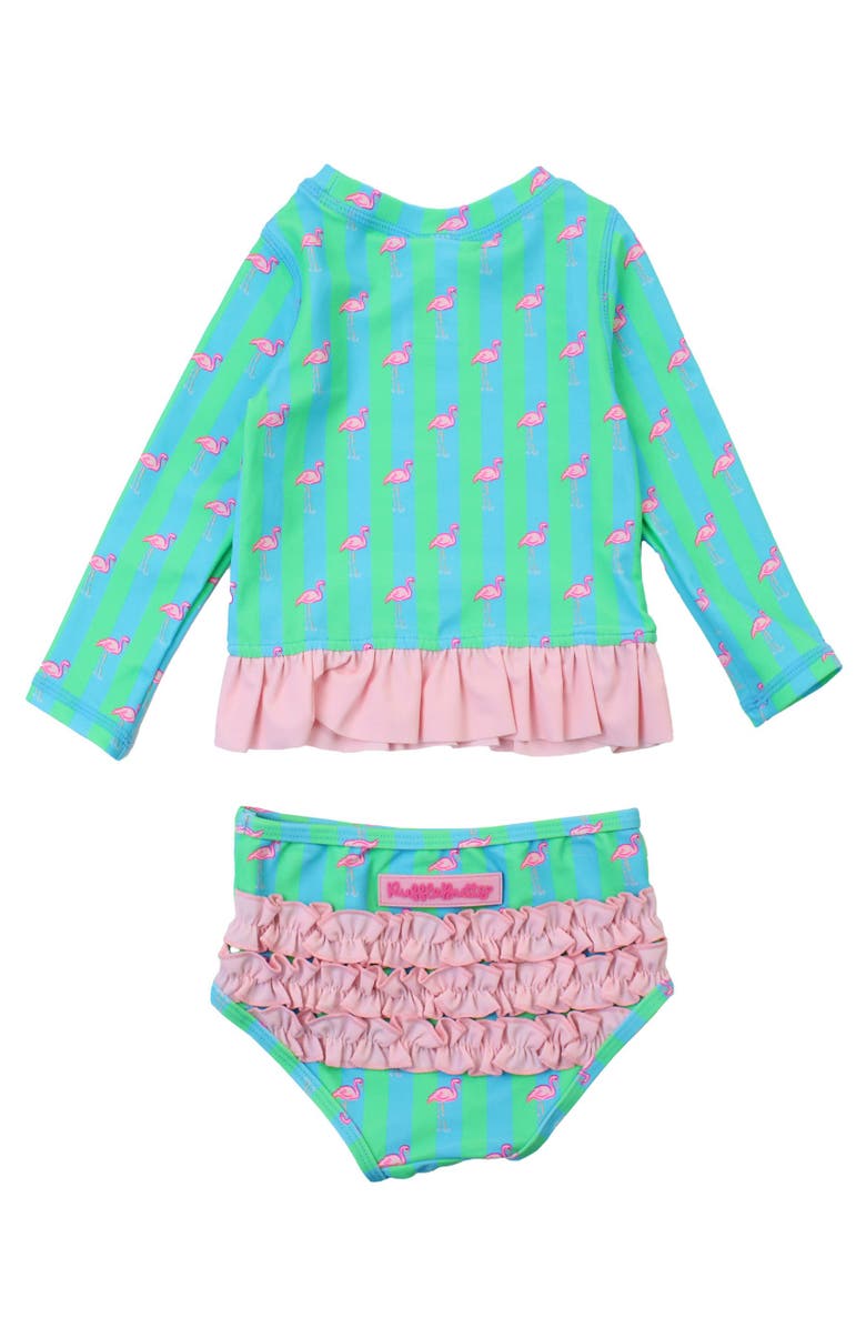 RuffleButts Toddler Girls UPF50+ Long Sleeve Rash Guard Bikini, Alternate, color, Neon Flamingo Stripe