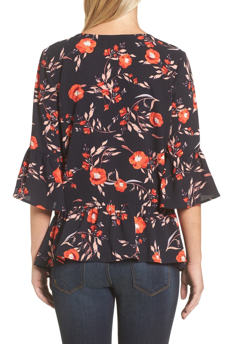 Gibson Ruffled Handkerchief Hem Top, Alternate, color, NAVY/ FLORAL PRINT