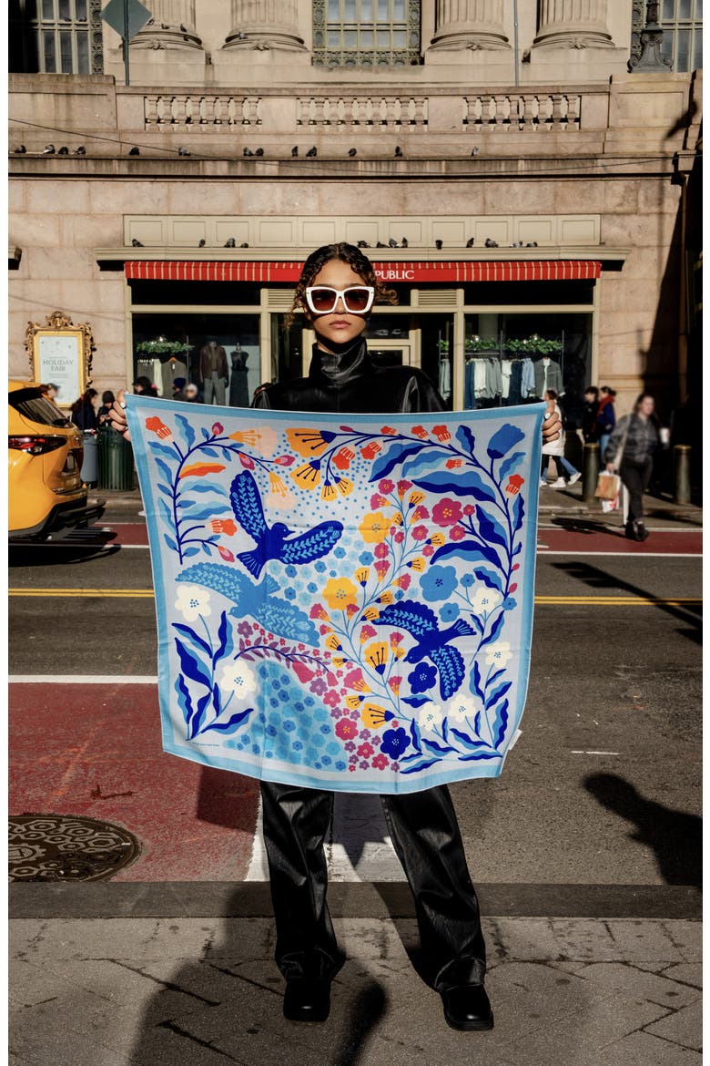 Double Sided Wool Silk Scarf Of Blue Bird, Alternate, color, Blue
