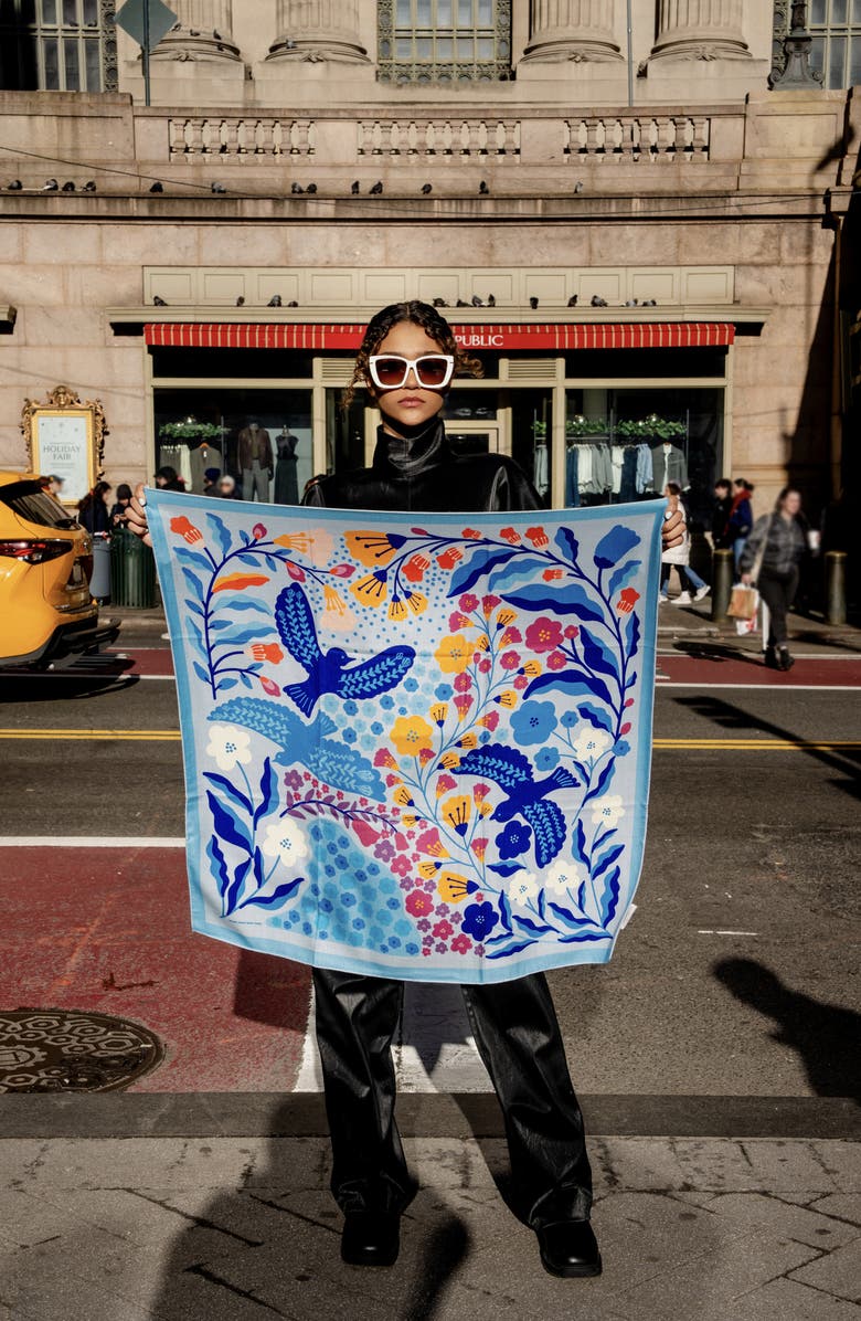 Jessie Zhao New York Double Sided Wool Silk Scarf Of Blue Bird, Alternate, color, Blue