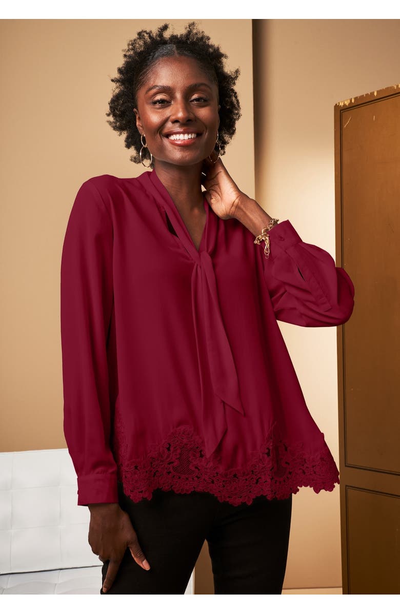 Jessica London Lace Trim Bow Blouse, Main, color, Merlot
