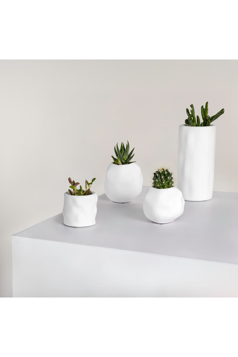 Linden Modern Minimalist Handmade Concrete Organic Sculptural Cylinder and Round Vase Set with Drainage Holes, Alternate, color, White