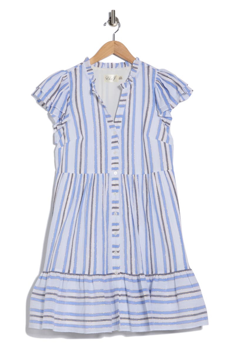 Stripe Cap Sleeve Button Front Dress, Alternate, color, IVORY BLUE