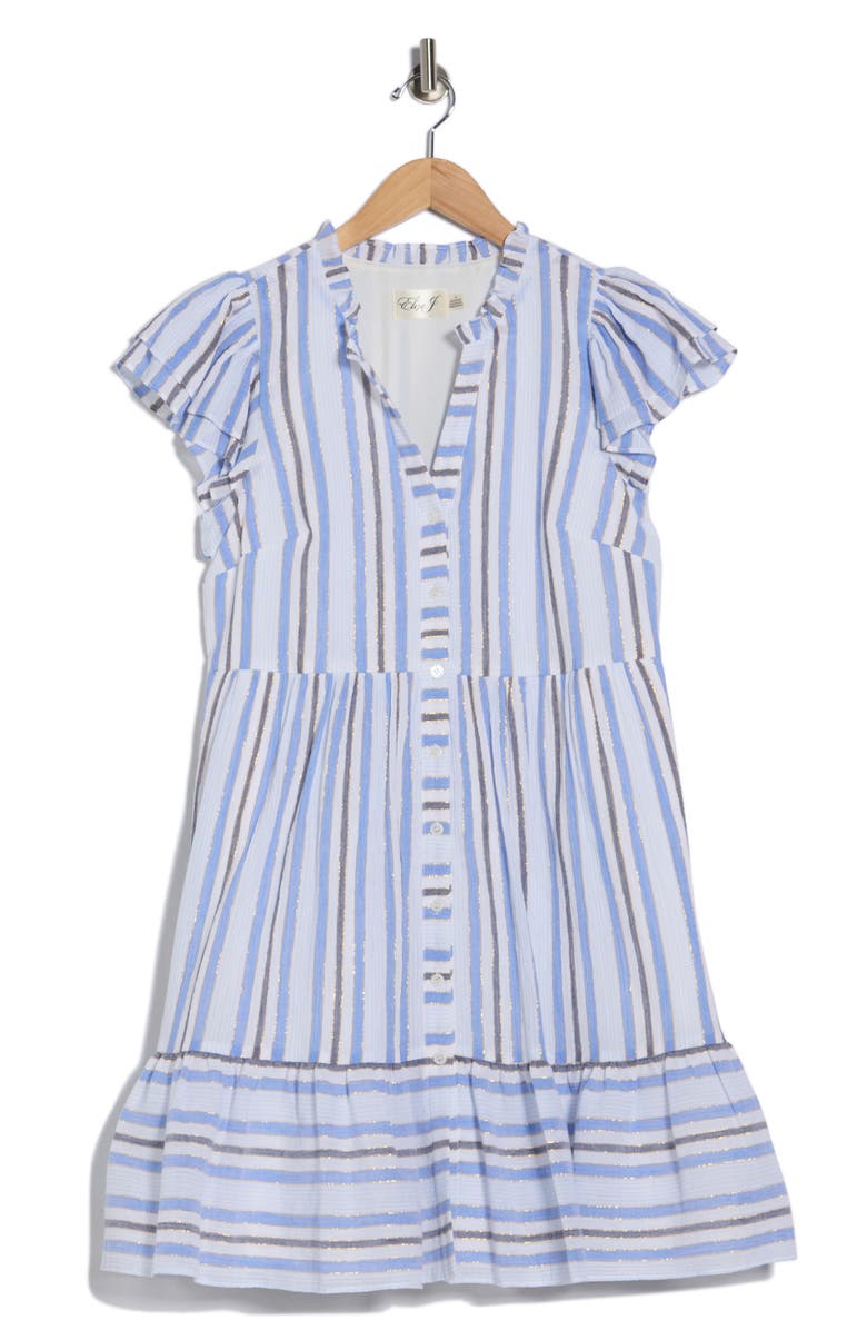 Eliza J Stripe Cap Sleeve Button Front Dress, Alternate, color, Ivory Blue