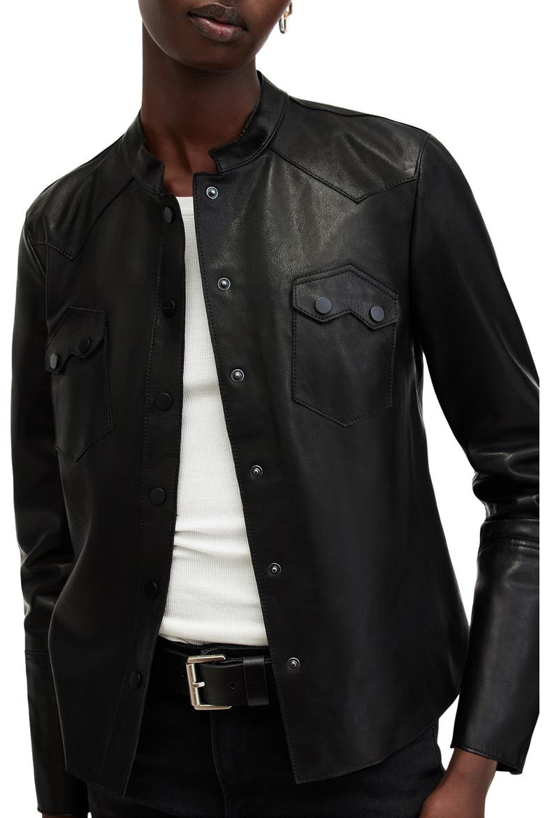 Rock Western Leather Snap-Up Shirt, Alternate, color, BLACK