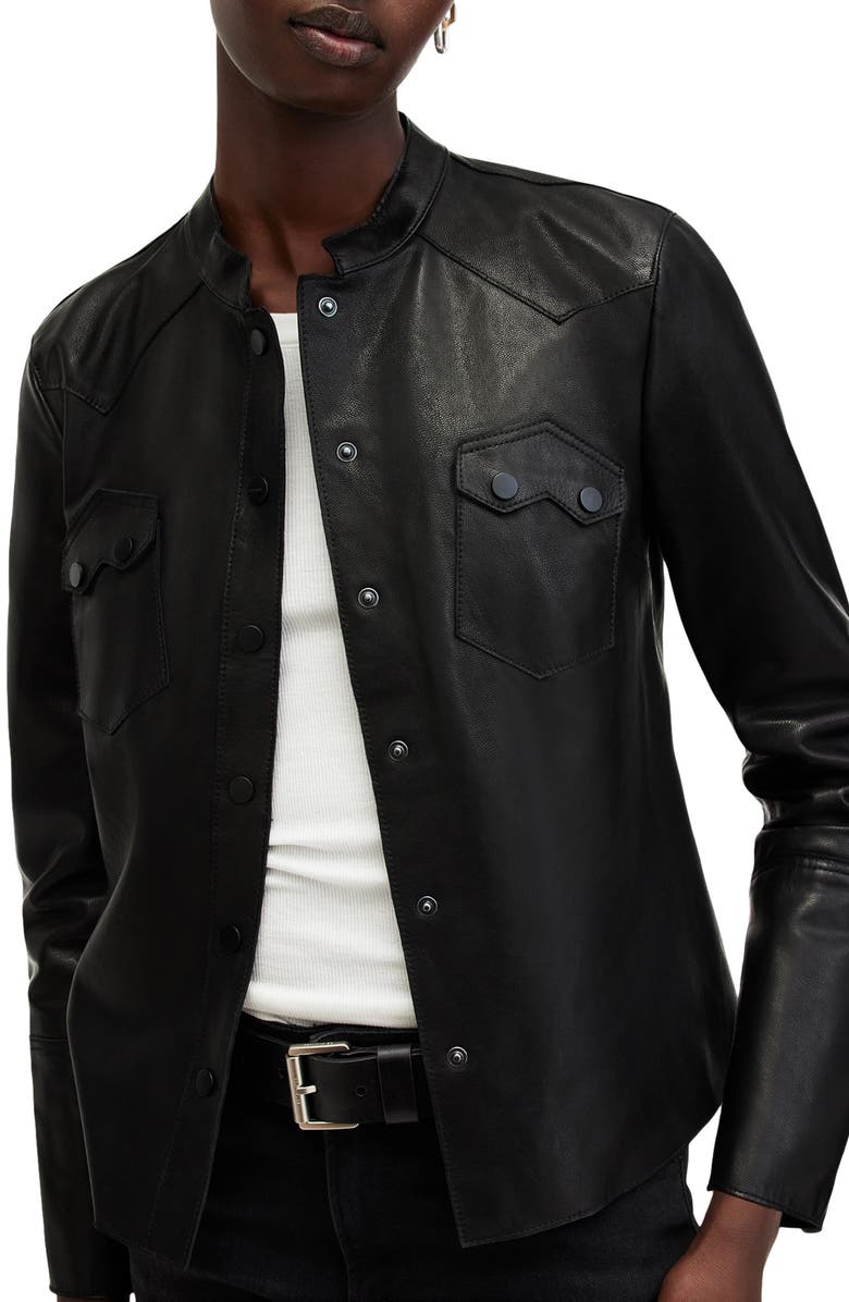 AllSaints Rock Western Leather Snap-Up Shirt, Alternate, color,