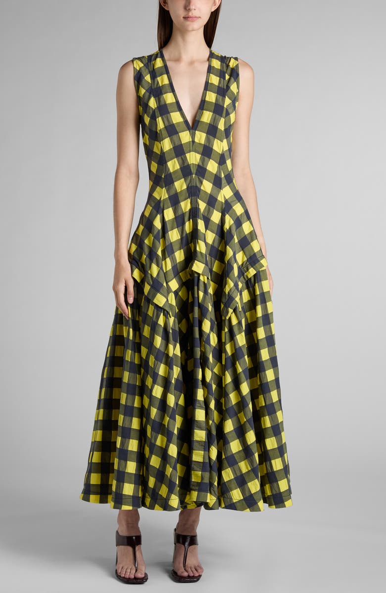 Bottega Veneta Macro Gingham Fit + Flare Dress, Main, color, 7315 Yellow/ Shrub/ Wave