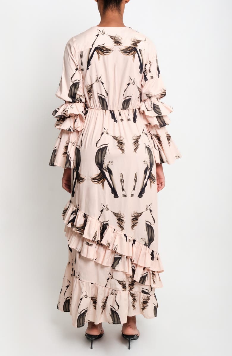 The Lulo Project Gaucho Horse Print Long Sleeve Ruffle Maxi Dress, Alternate, color, Beige Horses