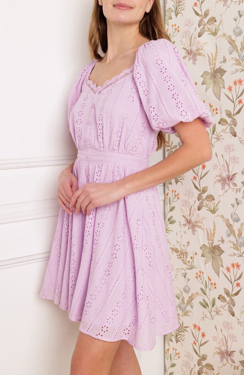 FLYING TOMATO Embroidered Eyelet Puff Sleeve Cotton Minidress, Alternate, color, Lilac