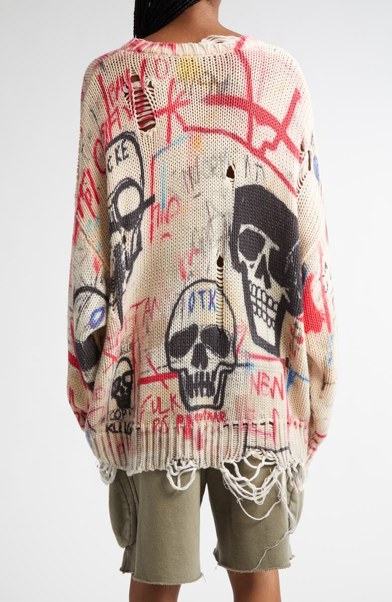 R13 Distressed Oversize Skull Graffiti Print Sweater, Alternate, color, 