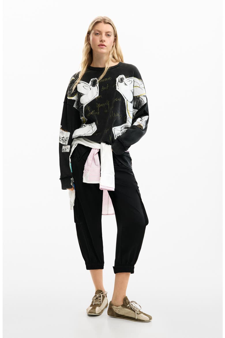 Mickey & Minnie Mouse Patch Distressed French Terry Sweatshirt, Alternate, color, BLACK