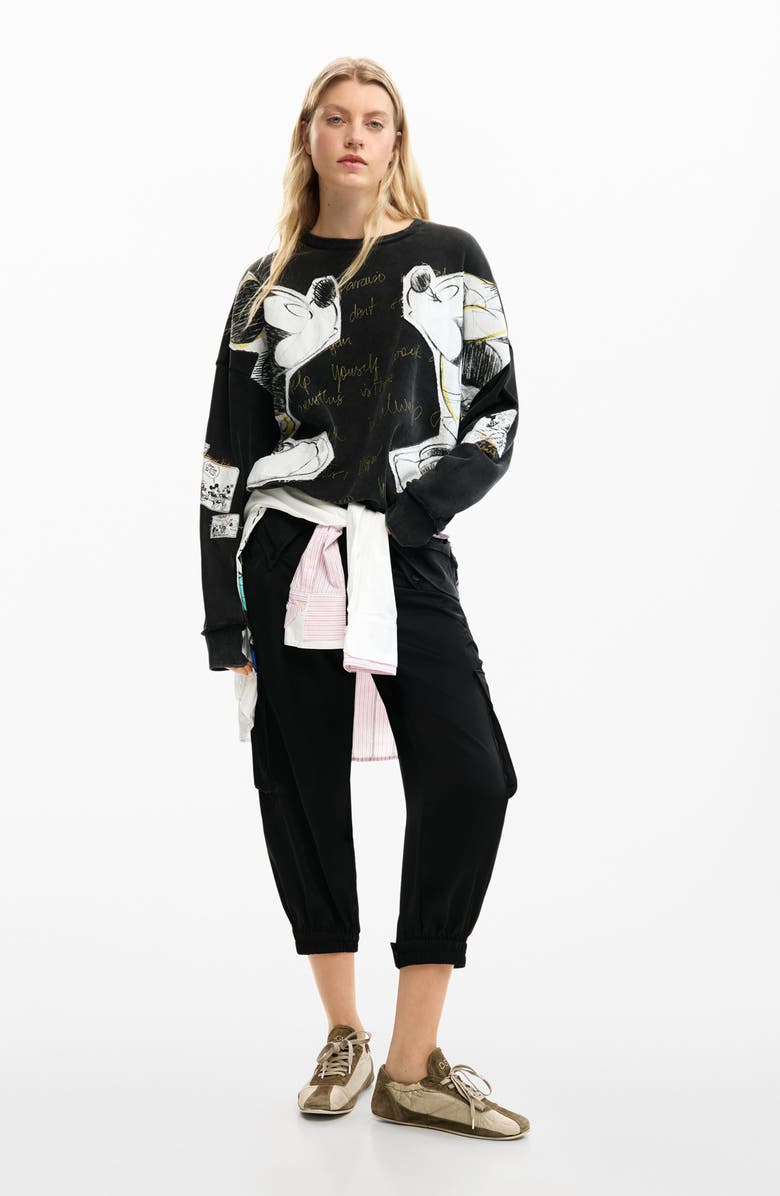 Desigual Mickey & Minnie Mouse Patch Distressed French Terry Sweatshirt, Alternate, color, Black