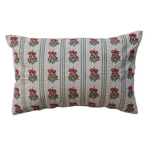 Mistletoe Stripe Embroidered Cotton Lumbar Pillow