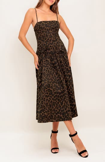 Leopard Print Drop Waist Midi Dress